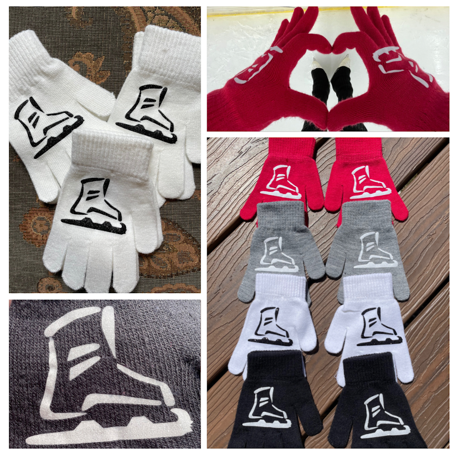 Collage of gloves for figure skating with an ice skate logo on each glove