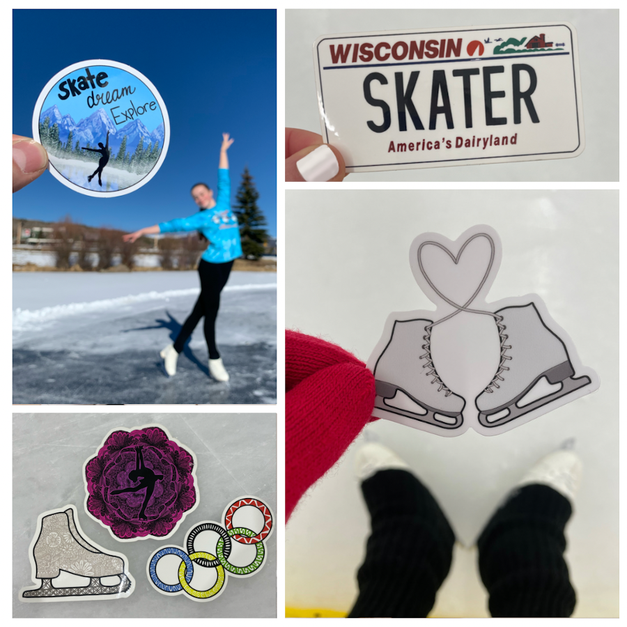 Collage of figure skating themed vinyl stickers such as ice skates, Olympic rings, and mandalas.