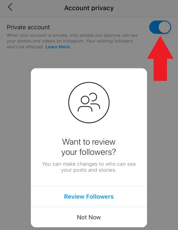 Showing the ability to review instagram followers through having a private account turned on.